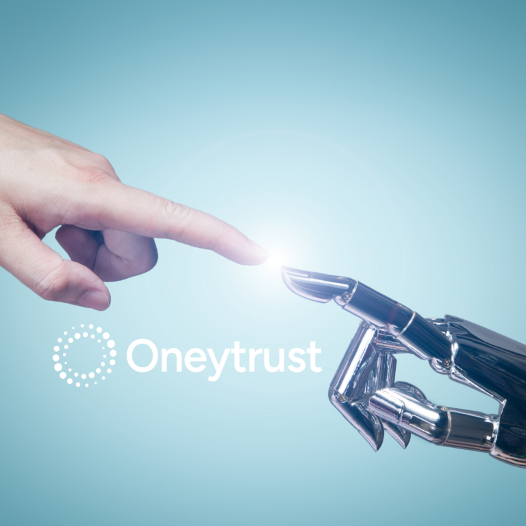 Image d'une main humaine avec un doigt qui rejoint une main robotique. Avec au mileu le logo Oneytrust.