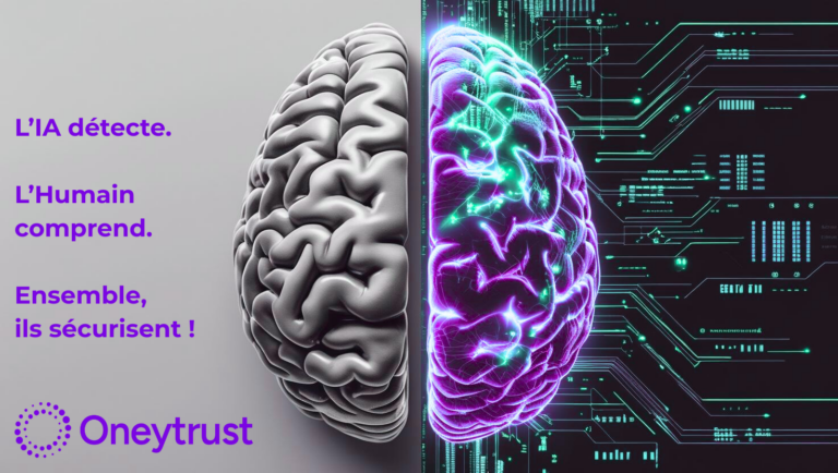 Cerveau divisé en deux avec un cerveau humain et un cerveau digital relié à des données. Avec écrit : L'IA détecte. L'Humain comprend. Ensemble, ils sécurisent.