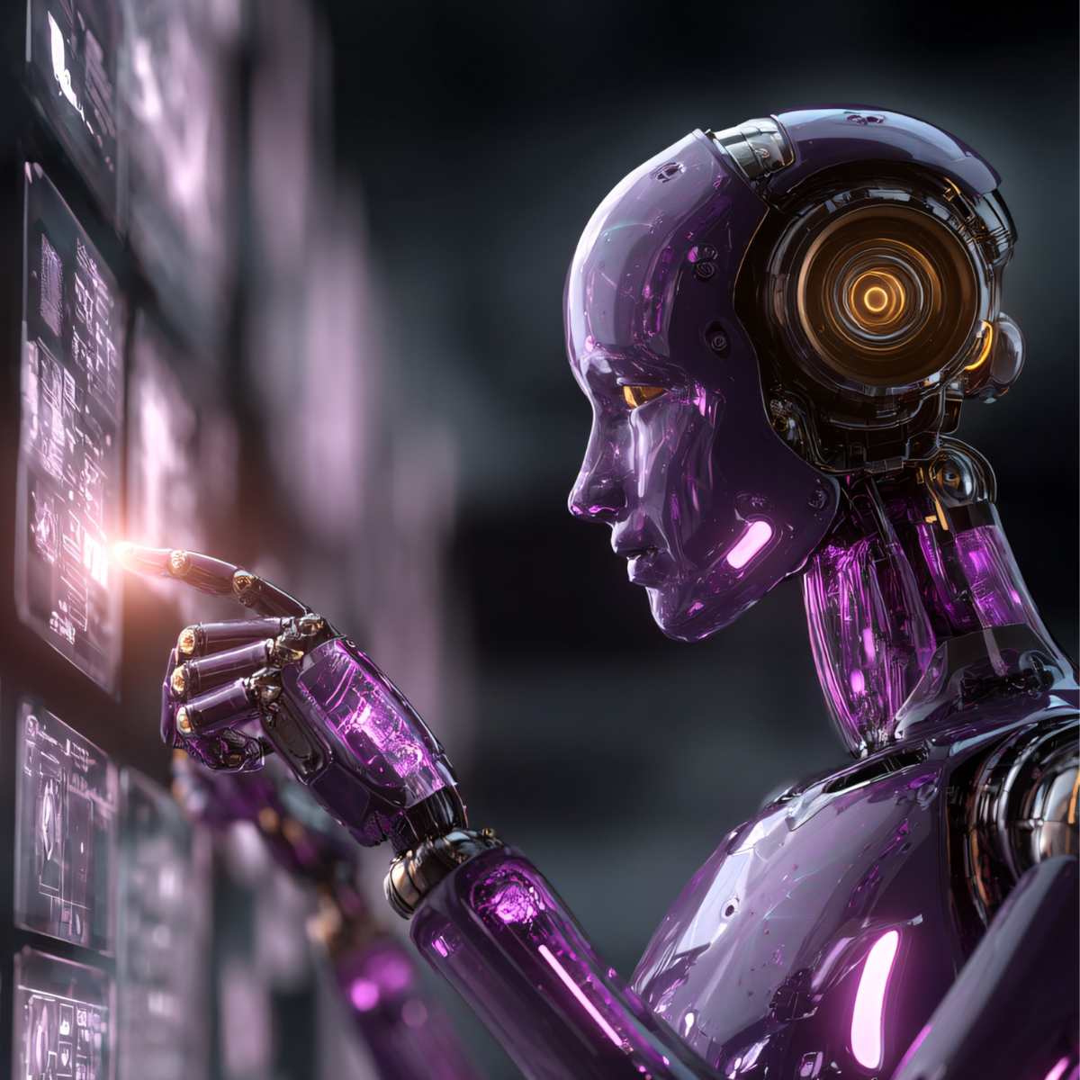 Robot d’intelligence artificielle analysant des interfaces numériques holographiques, symbolisant l’Agentic AI et l’automatisation des processus dans la lutte contre la fraude en ligne.