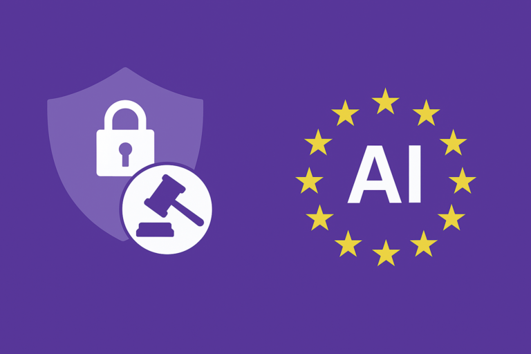 Illustration symbolique montrant un bouclier avec un cadenas et un maillet de justice, représentant la sécurité et la réglementation, à côté d’un cercle d’étoiles européennes entourant les lettres AI, sur fond violet.