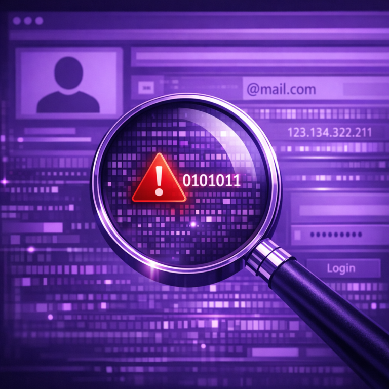 Loupe mettant en évidence une alerte numérique sur un fond d’interface et de données en tons violets.