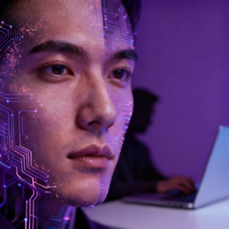 Visage humain partiellement recouvert d’un motif numérique illustrant la biométrie et les deepfakes générés par intelligence artificielle, avec un ordinateur portable en arrière‑plan.